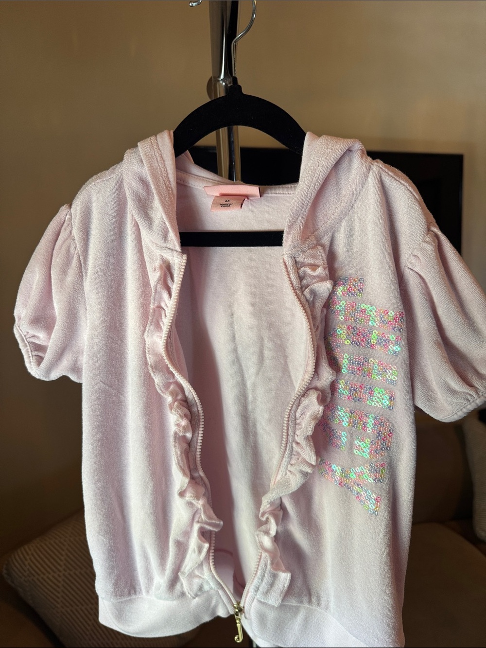 Girls' Juicy Couture Light Pink Hooded Short-Sleeve Zip Top with Sparkle Detail